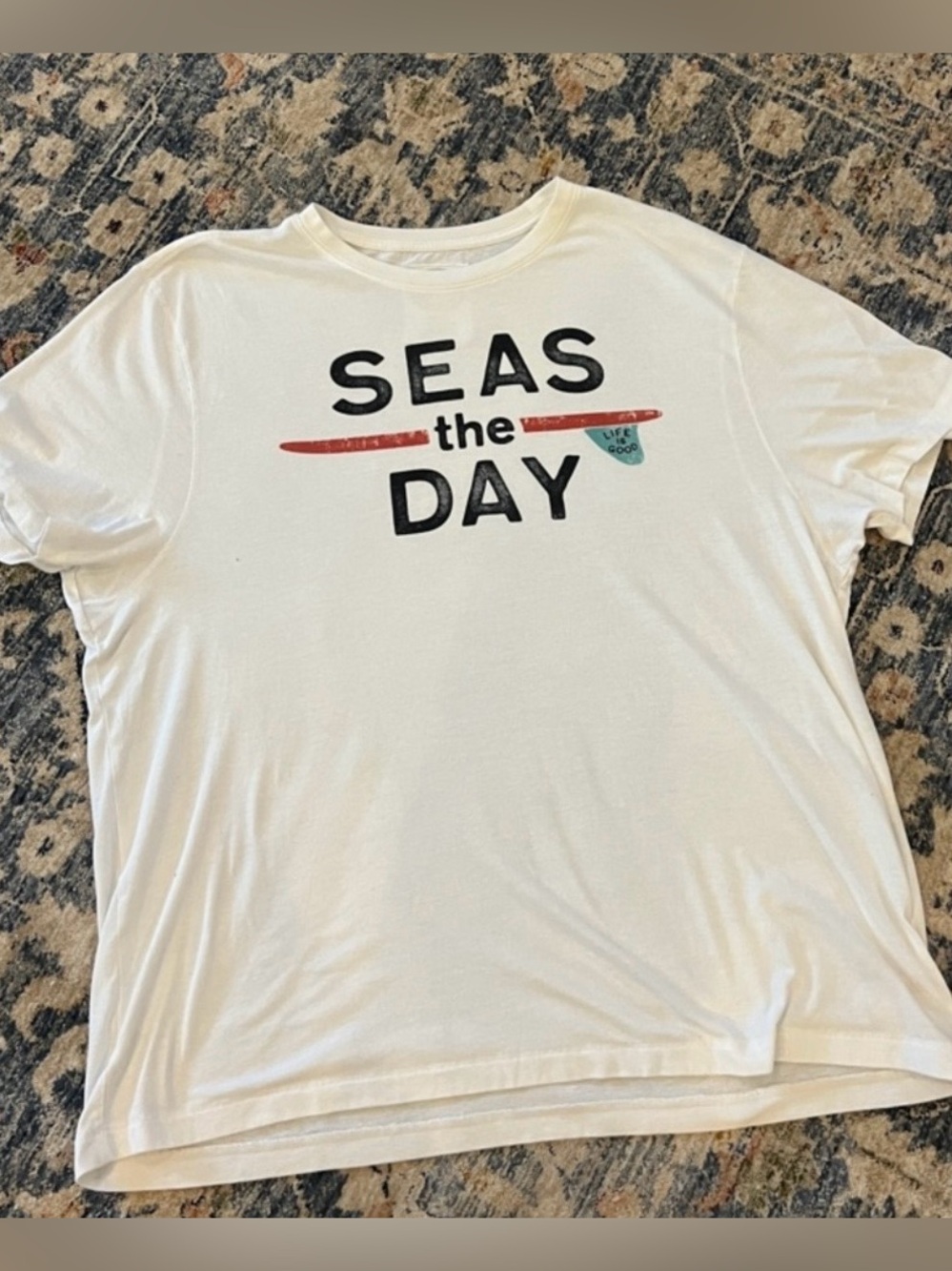 Life Is Good Seas the Day Unisex Graphic Tee - White with Red & Teal Surfboard - Picture 1 of 6